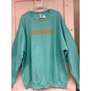 Jerzees NuBlend Have A Nice Day Smiley Face Puff Print Sweatshirt Teal Blue 2XL
